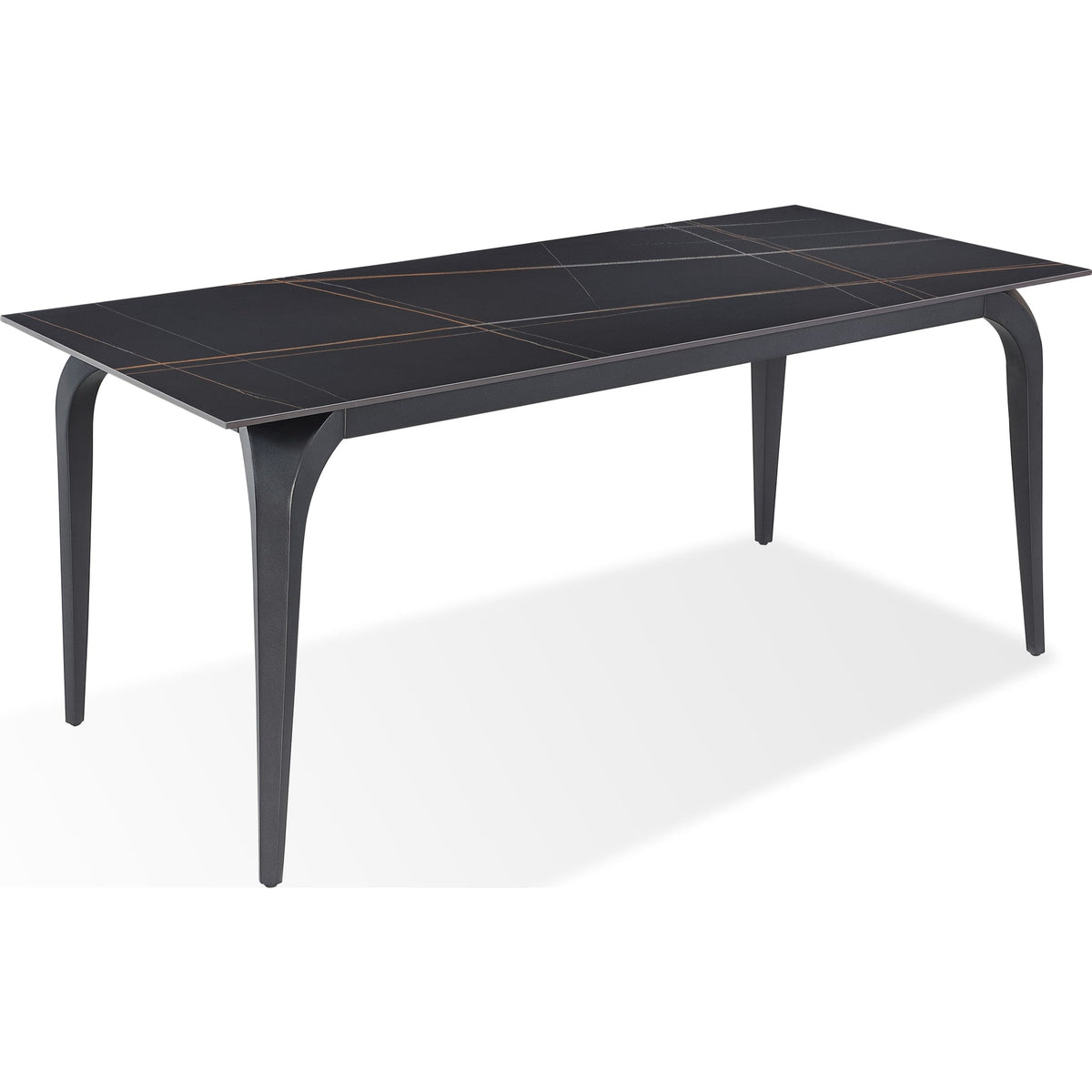A modern dining room set featuring a rectangular black stone table with black metal legs.