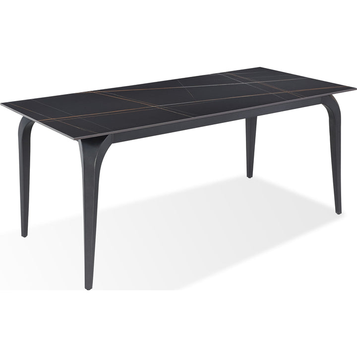 A modern dining room set featuring a rectangular black stone table with black metal legs.