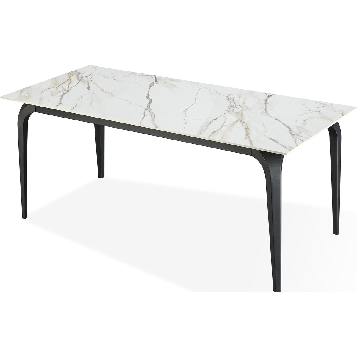 A modern dining room set featuring a rectangular white stone table with black metal legs.