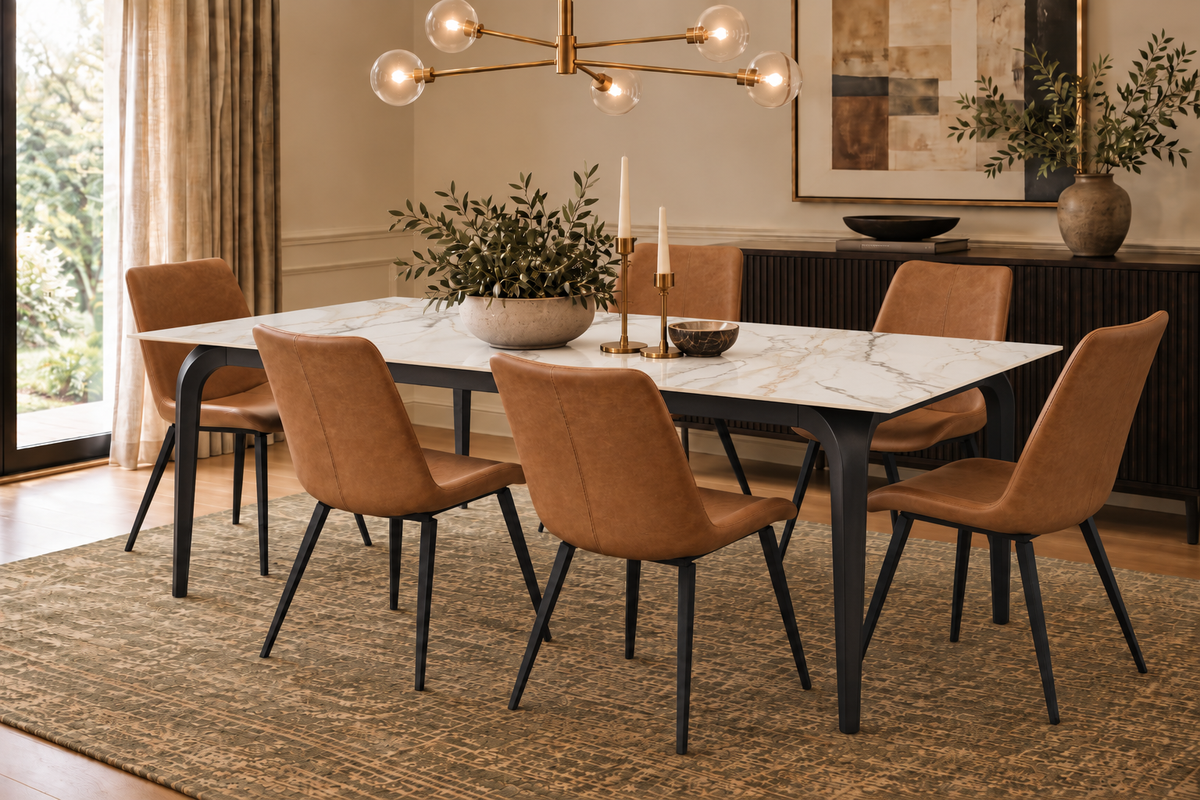 A modern dining room set featuring a rectangular white stone table with black metal legs and six upholstered chairs in a warm tan suede or velvet fabric with black legs, set on a textured beige rug.