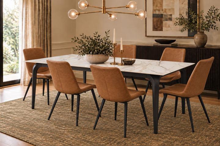 A modern dining room set featuring a rectangular white stone table with black metal legs and six upholstered chairs in a warm tan suede or velvet fabric with black legs, set on a textured beige rug.